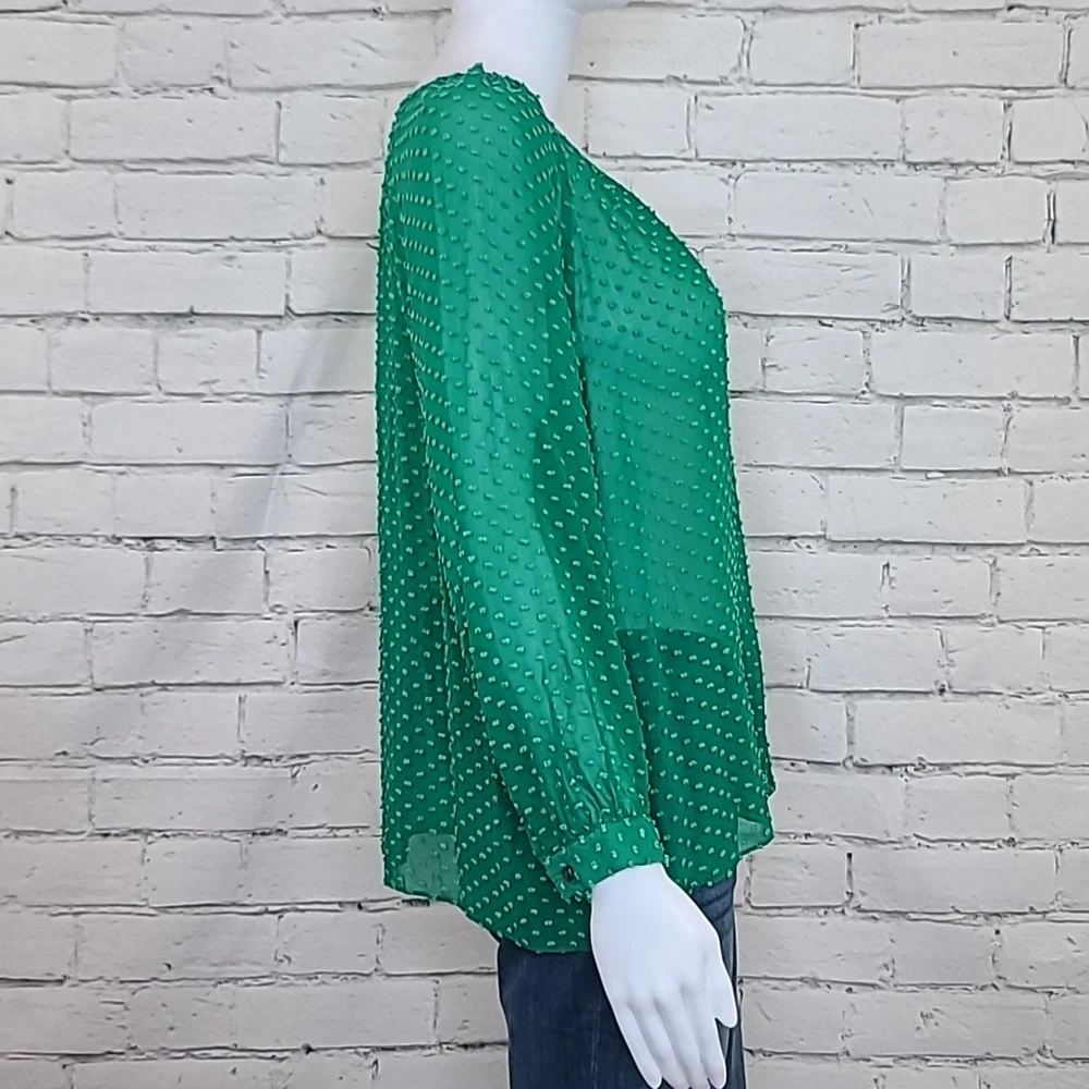 J Crew Flowy Sheer Silk Chiffon Long Sleeve Dot Blouse in Green - Picture 4 of 17